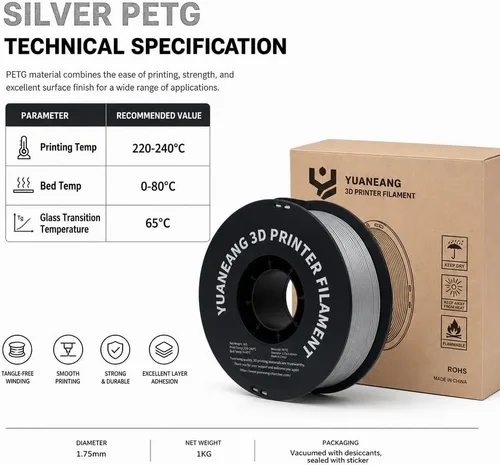 Vista 5 de Filamento PETG para impresora 3D, precisión dimensional +/- 0.001 in, carrete de 2.2 libras, 0.069 in, plateado 2.2 lbs plata