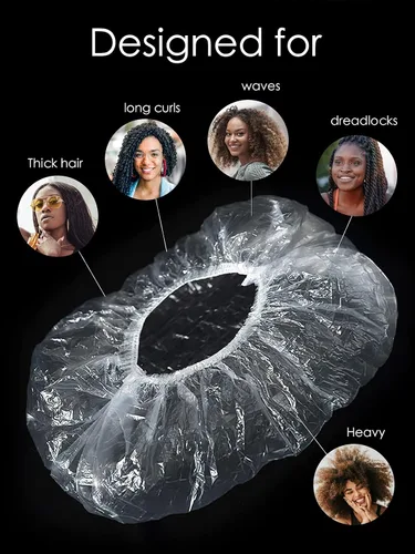 Vista 5 de 10 gorros de ducha desechables grandes para trenzas largas para mujer, talla XL, gorro de ducha de plástico desechable de gran tamaño para rastas