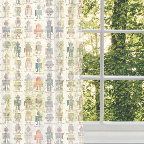Vista 5 de Ambesonne Cortinas de tul robot con bolsillo para barra, varios juegos de súper robot diferentes en máquina futurista de fantasía de dibujos