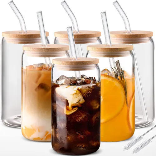 Vista 10 de DWTS DANWEITESI Vasos de vidrio con tapas y pajitas, 4 piezas, juego de vasos de 16 onzas para accesorios de barra de café, tazas de café helado