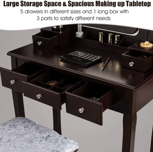 Vista 4 de DORTALA Juego de mesa de tocador con espejo rectangular de 360 grados y taburete acolchado, mesa de maquillaje con 10 bombillas LED regulables