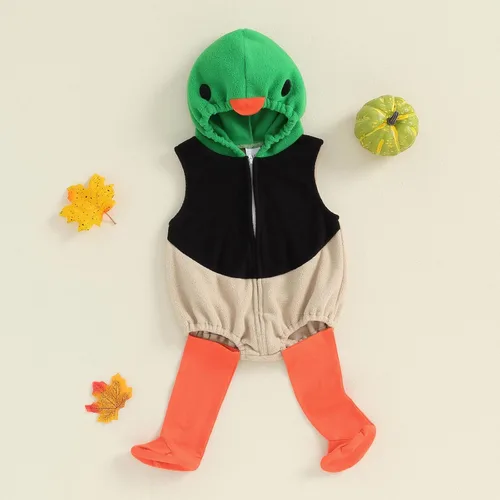 Vista 5 de Disfraz de Halloween para bebé, niño, niña, con capucha, sin mangas, overol con leggings, disfraz de Halloween Disfraz de pato verde