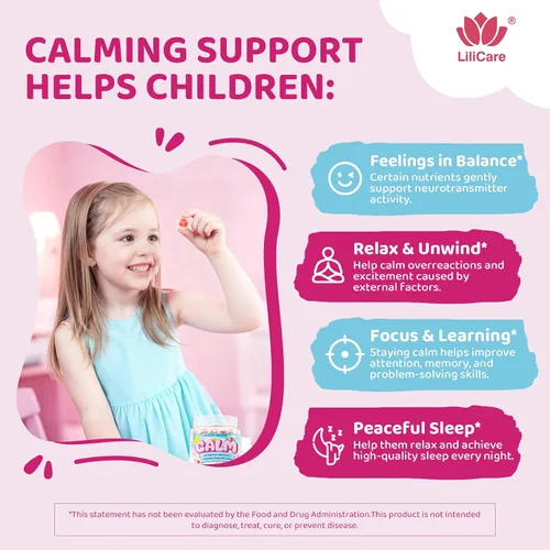 Vista 3 de Kids Calm - Gomitas de bisglicinato de magnesio y azafrán + Omega 3 vegano, suplemento quelado de glicinato de magnesio para niños con L-teanina