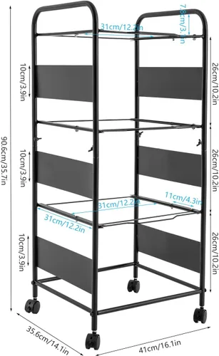 Vista 5 de Carros de archivos de metal de 3 niveles con ruedas, archivos colgantes para tamaño carta, carpeta de archivos extraíble movible, gabinete, Negro