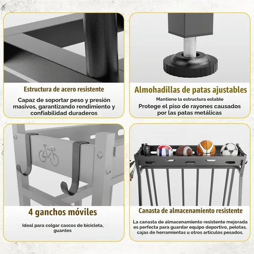 Vista 4 de Soporte de 3 bicicletas estable para bicicletas, garaje con cestas de almacenamiento para interiores, estante de almacenamiento de bicicletas