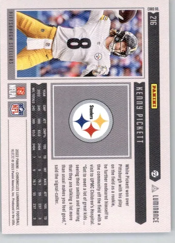 Vista 2 de 2022 Panini Chronicles Luminance Update Rookies #216 Kenny Pickett Pittsburgh Steelers RC Rookie Card Official NFL Football Card in Raw
