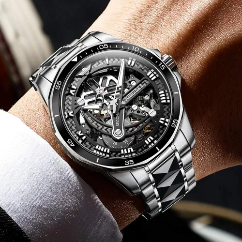 Vista 2 de OLEVS Mens Skeleton Automatic Watch Fashion Big Face Sapphire Crystal Roman Numerals Self Winding Watches Gold Silver Black Tungsten Steel Watch for