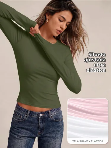 Vista 6 de Trendy Queen Camisetas de manga larga para mujer, camisetas básicas de Verde militar