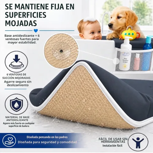 Vista 6 de Cómodo juego de rodilleras y coderas de baño para bebé, almohadilla antideslizante para bañarse, tapete acolchado para bañera, coderas, bolsillos