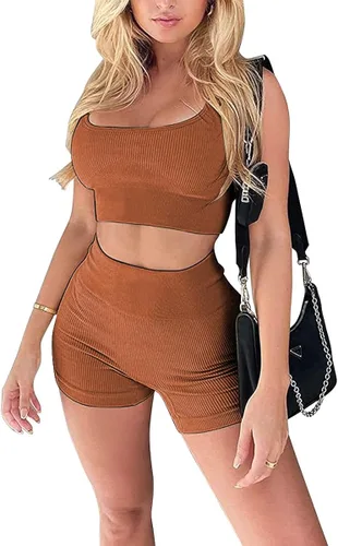 Vista 2 de WANLISS Conjunto de entrenamiento de verano para mujer, 2 piezas, sin costuras, acanalado, sin mangas, pantalones cortos de cintura alta, trajes
