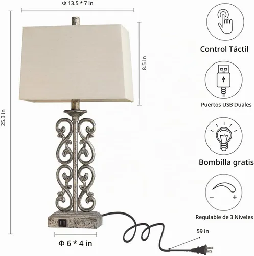 Vista 6 de AIEAMPDO Juego de 2 lámparas de mesa de resina estilo granja táctiles de 25" con 2 puertos USB, regulables de 3 vías, rústicas vintage, lámparas