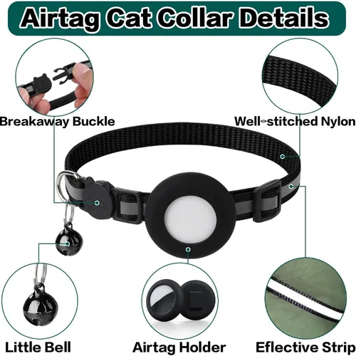 Vista 5 de Collar de Gato Airtag Separable, Collar Reflectante para Gatito con Soporte para Apple Air Tag y Campana para Gatos Niña y Niño, 0.4 Pulgadas