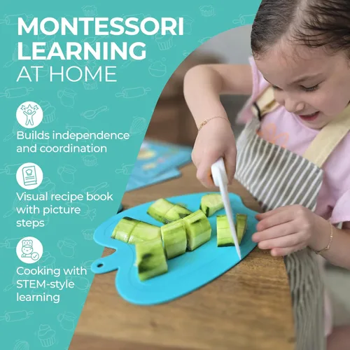 Vista 4 de Tovla Jr. Ultimate Montessori - Juego de regalo de cocina para niños, cuchillo real, picador, guantes de seguridad, pelador, cortadores, tabla