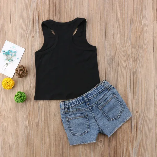 Vista 4 de Honganda Moda 2 unids niños niños bebé niña trajes girasol sin mangas camiseta sin mangas + pantalones cortos de mezclilla ropa de verano