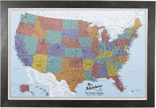 Vista 58 de Push Pin Travel Maps Lienzo personalizado Blue Oceans USA con marco gris de madera de granero