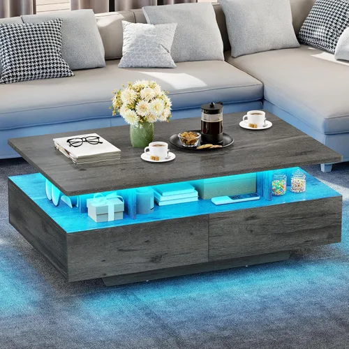 Vista 10 de YITAHOME - Mesa de café LED con almacenamiento, mesas de café LED de alto brillo para sala de estar, mesa de café negra moderna rectangular, mesa
