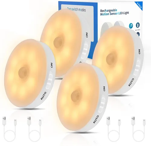 Vista 8 de Luz de sensor de movimiento LED recargable mejorada para interiores, batería brillante y duradera, luces de disco adhesivas con sensor de movimiento