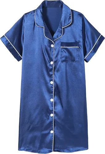 Vista 12 de Hupohoi - Vestido de pijama de satén para niñas, con botones, ropa de dormir sedosa, camisón de manga corta, camisa de noche, vestidos Negro