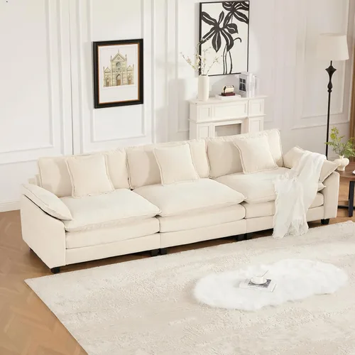 Vista 70 de Sofá seccional modular beige de 117.3", sofás seccionales grandes de 3 plazas para sala de estar, sofá nube oversized de tela chenille con otomana