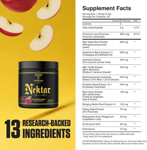 Vista 4 de Ambrosia Superfood Polvo de apoyo para órganos y ciclos Soporte hepático y renal con cardo mariano, arroz de levadura roja y CoQ10 13