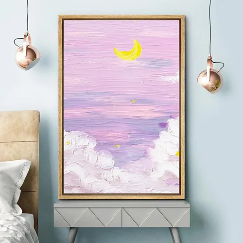 Vista 3 de SIGNFORD Lienzo enmarcado para pared, acuarela pastel, morado, luna, cielo, naturaleza, ilustraciones de área silvestre, arte moderno, vibrante