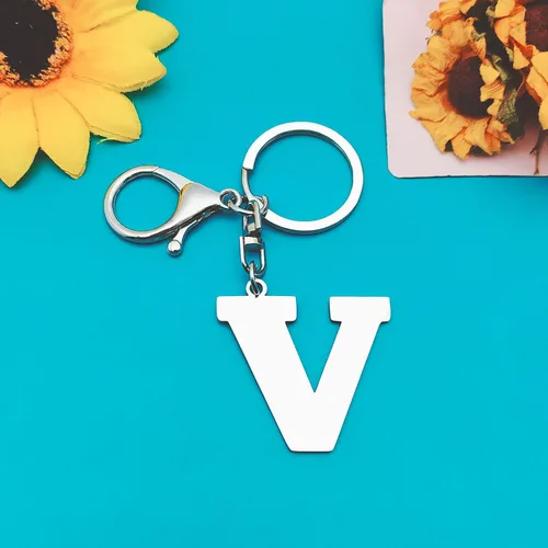 Vista 3 de Llavero blanco con letra inicial del alfabeto K A-Z, llavero de letra inicial a granel para mujeres y hombres, V, Pequeño