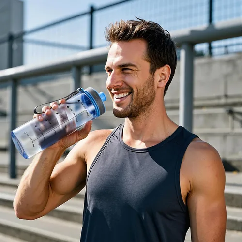 Vista 6 de Botella de agua transparente con medidas, plástico de boca ancha de 28 onzas Blue clear plastic water bottle for men with time markers, strap