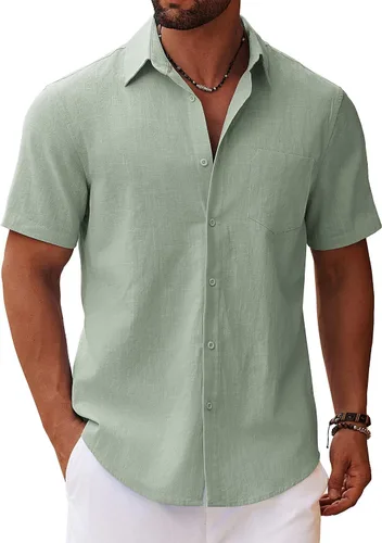 Vista 20 de COOFANDY Camisa de manga corta con botones para hombre, casual, de algodón, para verano, playa, lino, para boda, con bolsillo