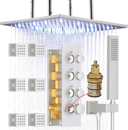 Vista 16 de HOMEDEC Sistema de ducha de lluvia LED de 16 pulgadas, válvula desviadora termostática de 3 vías con 6 pulverizadores corporales, todas las Negro