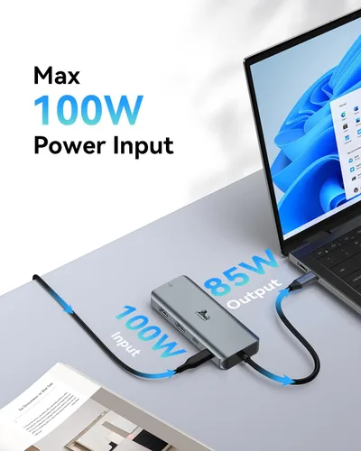 Vista 4 de LIONWEI Estación de acoplamiento para laptop 9 en 1, HDMI dual, 100 W PD, USB C 3.0, Ethernet, audio/micrófono, concentrador USB C para portátiles