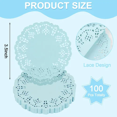 Vista 3 de DECORA Tapones redondos de encaje de papel azul de 3.5 pulgadas para decoración de vajilla, paquete de 100