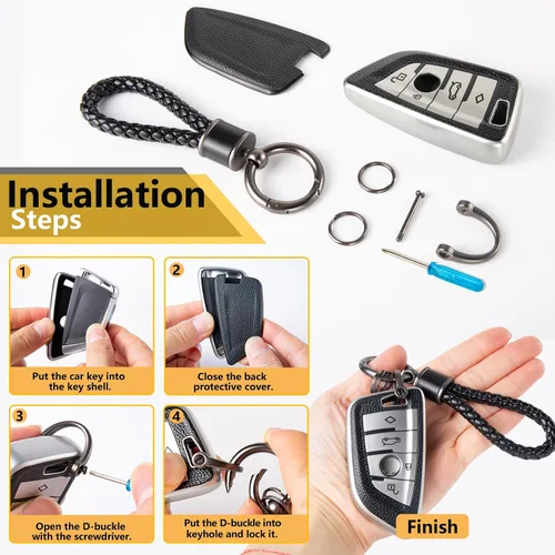 Vista 7 de para BMW Funda para Llavero con Cuerda Trenzada Metálica, Funda de TPU Suave con Superficie Granulada en Forma de Hoja Mejorada para Nueva Carcasa