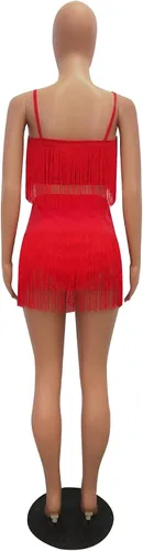 Vista 6 de Traje de mujer sexy de 2 piezas, sin mangas, con borlas de plumas en la blusa, minivestido entallado para el cuerpo, ropa para ir al club.