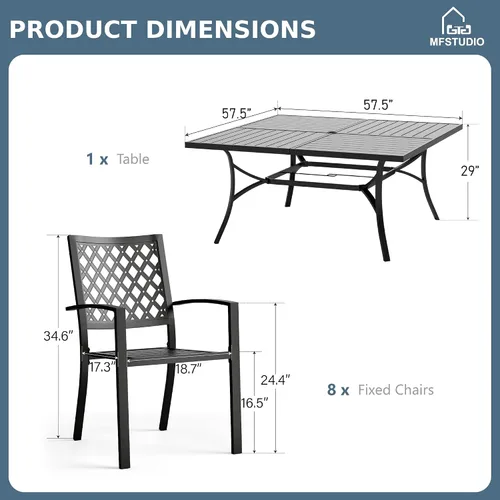Vista 8 de MFSTUDIO Juego de comedor al aire libre para 8, juego de mesa y sillas de metal para patio, juego de muebles de patio de 9 piezas, juego de comedor