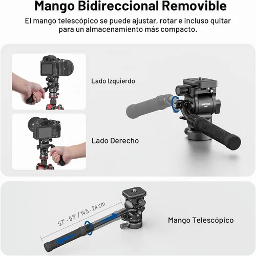 Vista 7 de NEEWER Trípode con cabeza fluida con base de nivelación +/-10° (37mm de diámetro), cabeza de pan y tilt de metal con placa QR tipo Arca, mango