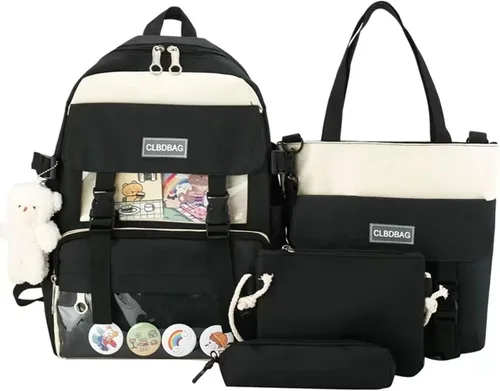 Vista 4 de Mochila Kawaii Kawaii Colgantes y Pines Accesorios Juego de 4 piezas con insignia y colgante, bolsa de hombro, estuche para lápices, bolso (negro)