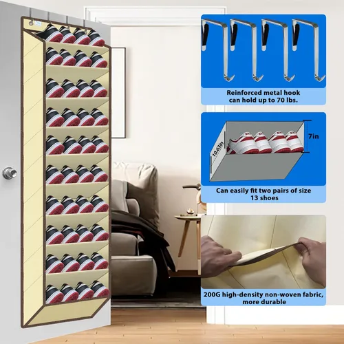 Vista 5 de Organizador de zapatos para la puerta, capacidad grande de 70 libras, organizador de 20-30 pares, bolsillos extra profundos resistentes, ganchos