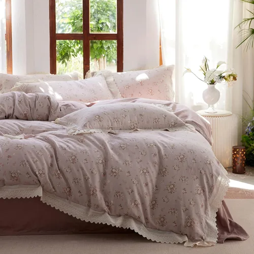 Vista 42 de Juego de funda de edredón blanca con estampado floral azul, juego de ropa de cama de algodón suave estilo bohemio, juego de ropa de cama estética