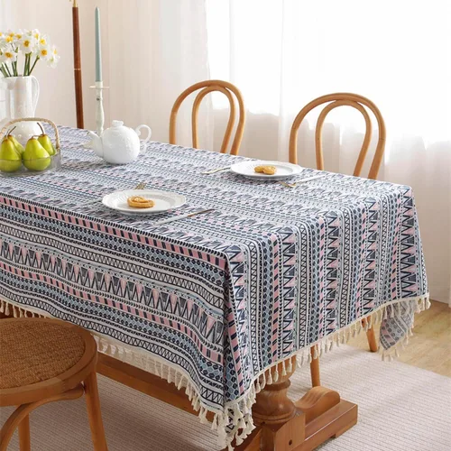Vista 4 de Mantel bohemio de lino de algodón boheniano con borlas para mesas rectangulares, arpillera a rayas, cubierta de mesa de granja resistente a