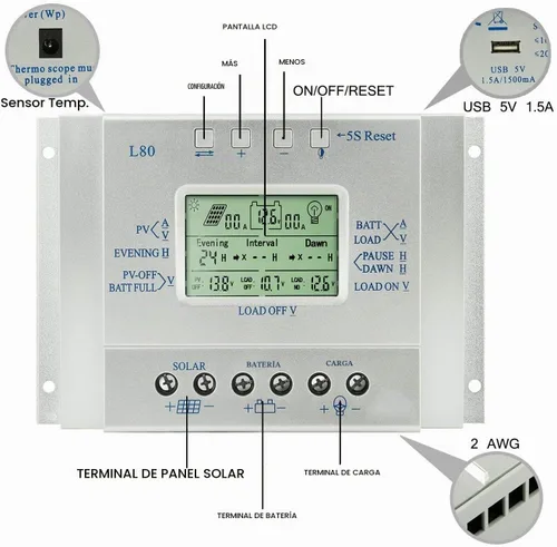 Vista 4 de Controlador de carga solar de 80 A, regulador de panel solar de 80 amperios con temporizador de carga, 12 V 24 V automático con pantalla LCD USB 5 V