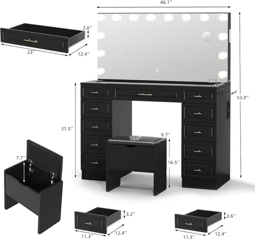 Vista 2 de VOWNER - Tocador con espejo iluminado, escritorio de maquillaje con altavoz Bluetooth Glass Top Vanity with 11 Drawers and 3 Color Lights