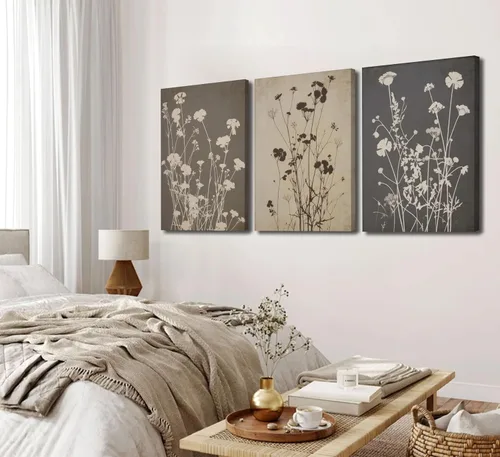 Vista 3 de 3 piezas de arte de pared de flores en tonos oscuros en lona vintage póster impreso pintura de flores silvestres oscuras en granja imagen botánica