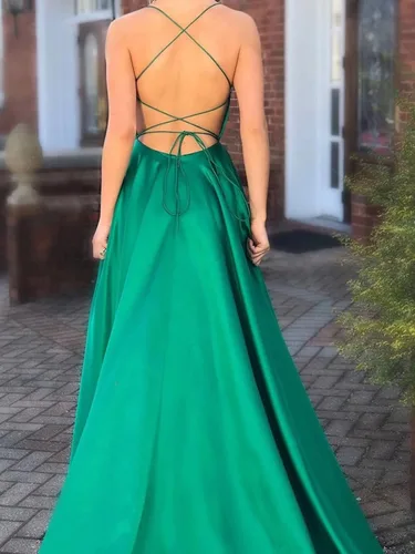 Vista 3 de ZLQQ Vestidos de noche formales divididos con tirantes delgados vestidos de satén largos con bolsillos para mujer