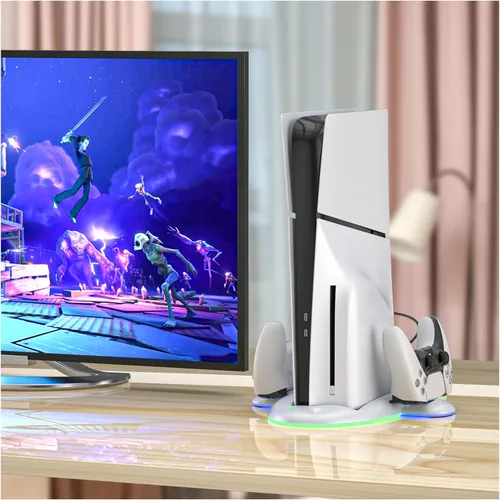 Vista 9 de PS5 Slim Cooling Stand, Dual Controller Charger, RGB Lights & USB 2.0 Port