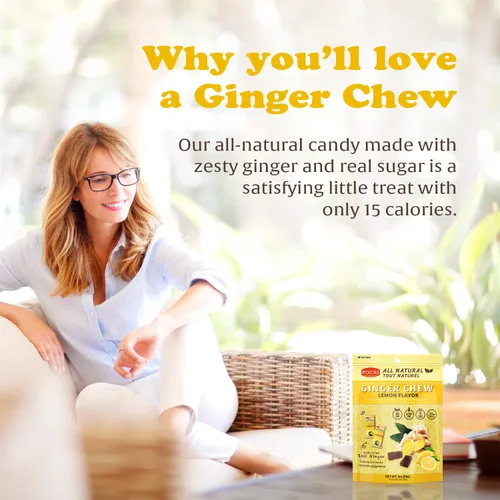 Vista 3 de Pocas Lemon Ginger Chews - Masticables de jengibre dulce y picante, bocadillos bajos en calorías envueltos individualmente, caramelo de jengibre