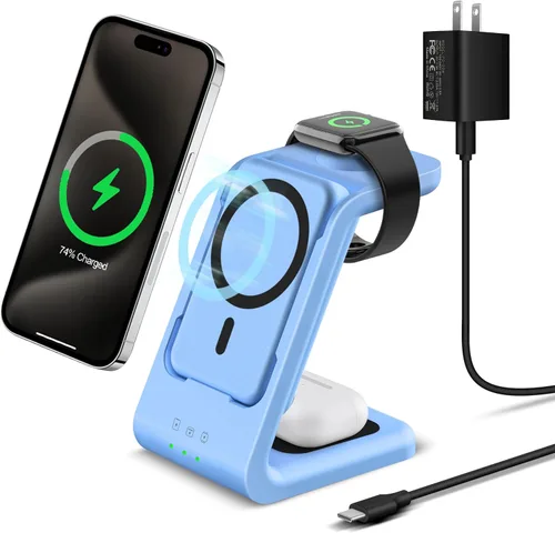 Vista 13 de Smtcsl Estación de Carga Inalámbrica 3 en 1: Soporte de Cargador de Banco de Energía Extraíble de 5000mAh para Teléfono/Reloj/Air Pods - Paquete