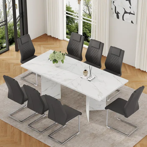 Vista 18 de Juego de mesa de comedor extensible de 63 a 79 pulgadas para 4, juego de mesa de cocina de mármol sintético blanco para 4, juego de mesa de comedor