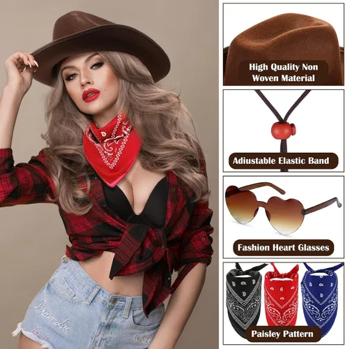 Vista 3 de Geyoga 9 piezas de sombrero de vaquero para adulto con bandana de vaquero y gafas para disfraz del oeste, accesorio para hombres y mujeres
