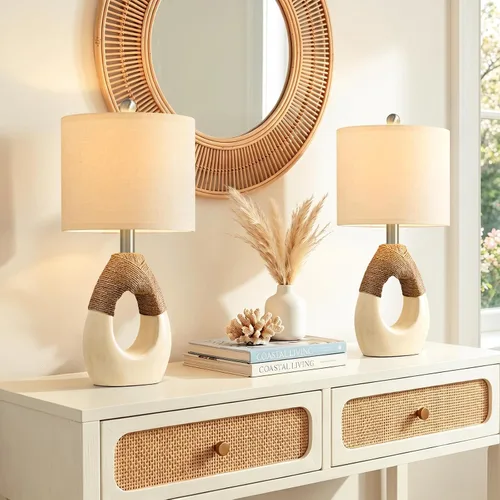 Vista 10 de Lámparas de Mesa Boho de 22" para Dormitorio Sala de Estar Conjunto Mejorado de 2 Lámparas de Mesa de Ratán Medianas Estilo Casa de Campo, Blanco