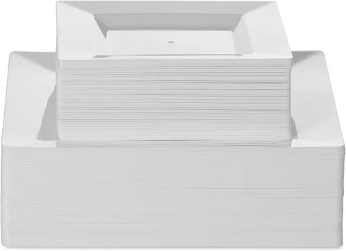 Vista 5 de BloominGoods 100 platos cuadrados desechables de plástico blanco, paquete de 100 platos cuadrados de plástico de 6.5 y 10 pulgadas de alta calidad